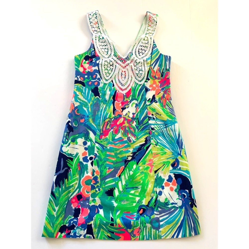 Lilly Pulitzer Largo Tropical Leaves Lace Shift Dress 00 Neon Purrfect Navy